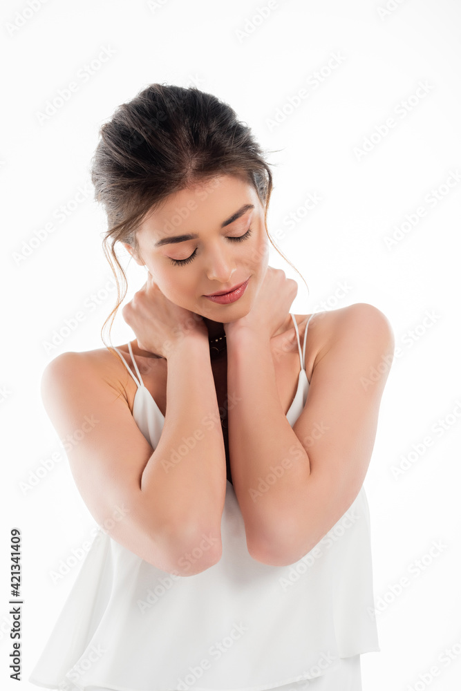 charming bride touching neck while posing with closed eyes isolated on white charming bride touching neck while posing with closed eyes isolated on white