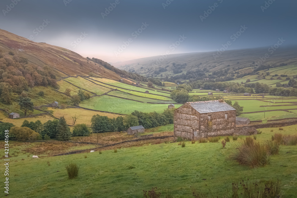 Old stone barns near Thwaite in the moody rural rolling hills and English countryside pastoral landscape of the Yorkshire Dales National Park, England, UK.