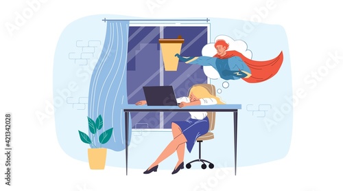Cartoon flat employee character at work stress scene.Burnout tired woman sleep at desk workplace dream of coffee superhero-productivity,work stress situation,time management web site banner concept