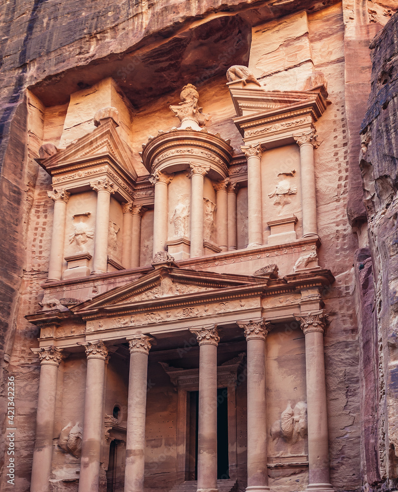 The Treasury, one of main landmarks of Petra historic and archaeological city, Jordan