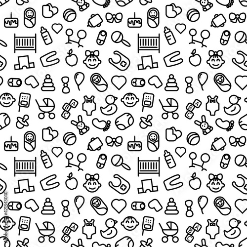 Set of outline icons for baby nursery. Seamless pattern Vector stock illustration for card or poster