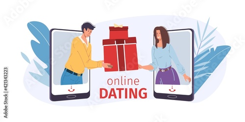 Vector cartoon flat characters couple communicates in online site,dating mobile app.Young people exchange gift presents,talk in love chat-greeting card,web banner ad,social media postcard concept