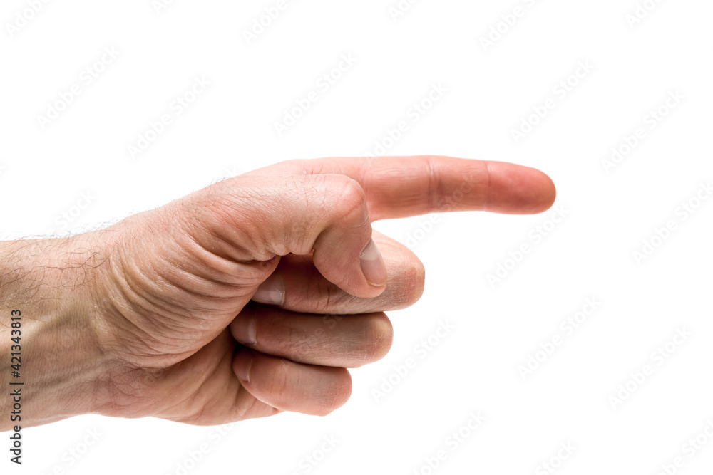 pointing finger isolated on white, The index finger of the hand points to the right, Hand gestures, gesture communication. pointing finger isolated on white, The index finger of the hand points to the right, Hand gestures, gesture communication.