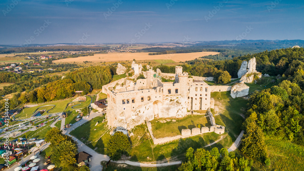 Ogrodzieniec ruins of a medieval castle. Czestochowa region, Poland.
Medieval castle ruins located in Ogrodzieniec, Poland. Aerial view.