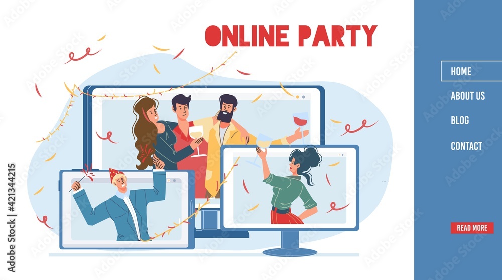 Vector cartoon flat characters celebrate,rejoice together.Young happy people throwing party online using computer,mobile phone apps screens,web online banner,landing page design,social media concept
