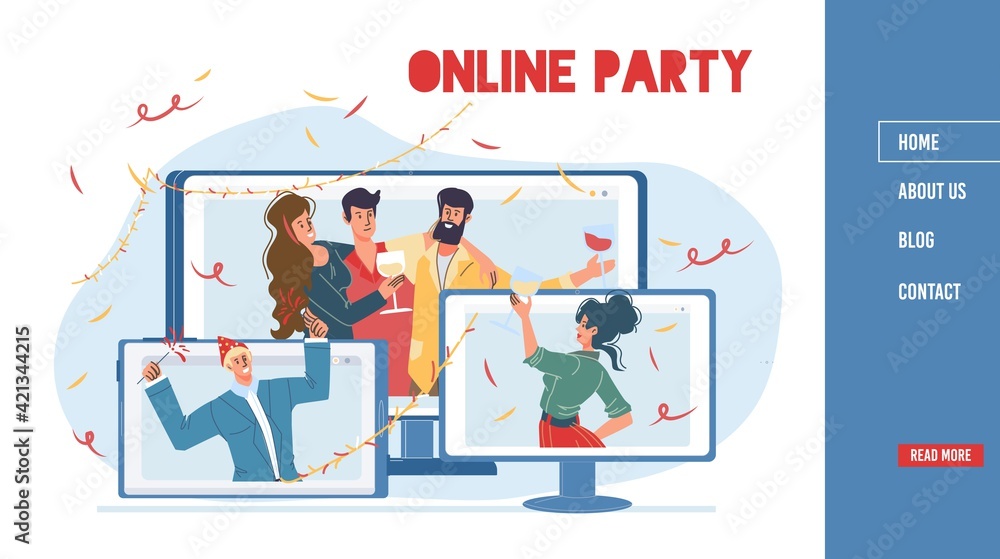 Vector cartoon flat characters celebrate,rejoice together.Young happy people throwing party online using computer,mobile phone apps screens,web online banner,landing page design,social media concept Vector cartoon flat characters celebrate,rejoice together.Young happy people throwing party online using computer,mobile phone apps screens,web online banner,landing page design,social media concept