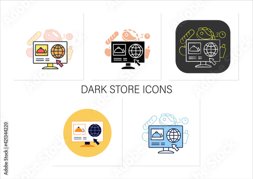 Dark store icons set. Caters exclusively for online shopping. Click-and-collect service. Online shopping.Collection of icons in linear, chalk, flat, color, glyph styles.Isolated vector illustrations