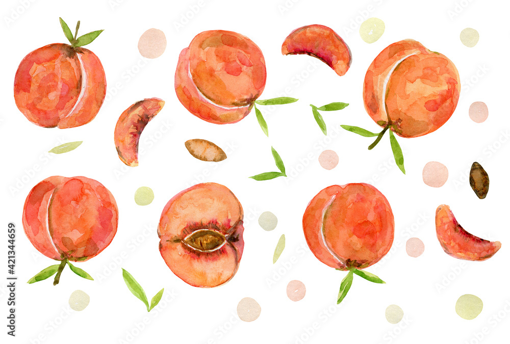 Set of bright watercolor peaches illustration Set of bright watercolor peaches illustration