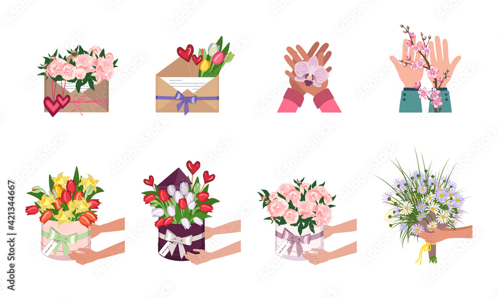 Fototapeta premium A set of flowers in a round box, envelope and in hands