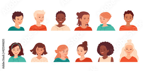 Diverse happy kids avatars set. Smiling little boys and girls of different nationalities. Portraits of preschoolers and schoolchildren. Isolated vector illustrations in flat style on white background.