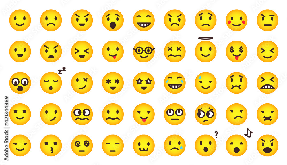 Cartoon gradient cute emoji set. Vector flat comic yellow emoticon isolated on white. World emoji day. Mood and facial smiles. Funny, angry, happy and sad faces web icons for chat message Cartoon gradient cute emoji set. Vector flat comic yellow emoticon isolated on white. World emoji day. Mood and facial smiles. Funny, angry, happy and sad faces web icons for chat message