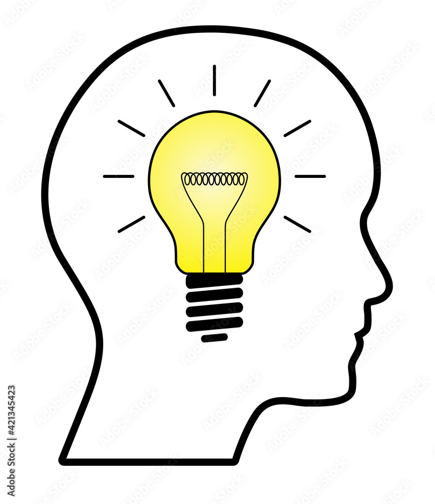 Human head outline with creative yellow lightbulb illustration. Business concept design for use in idea, strategy, success and creative thinking projects and presentations. Human head outline with creative yellow lightbulb illustration. Business concept design for use in idea, strategy, success and creative thinking projects and presentations.