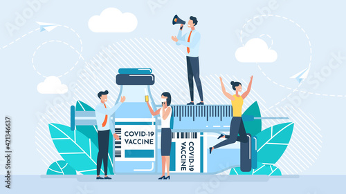 Vaccine Covid-19. Patient doubts to be vaccinated. Doctors call for vaccination. Flat illustration. Covid-19 corona virus vaccination with vaccine bottle and syringe injection tool for covid19