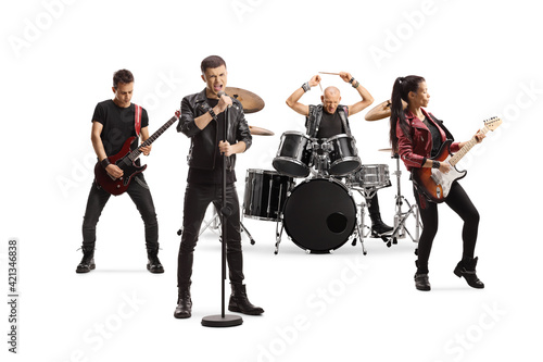 Rock music band performing with female guitarist, drummer and a male singer