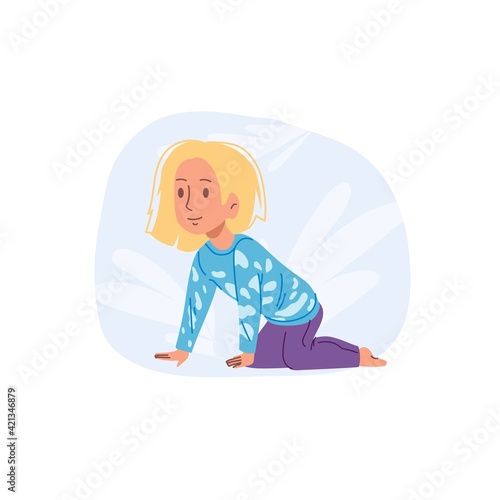 Cartoon flat girl character crawls on floor.Little girl crawling,playing- children's fashion,web online banner design,social concept