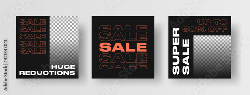 Sale Banners Template for Social Media Ad or Post. Urban Fashion Sale Social Post Square Banner Template. Modern Streetwear Sale Banners with Repeated Typography on Dark Background. 