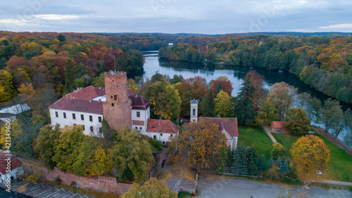 Panorama of the city of   ag  w and   agowskie Lake in Poland. View of the Castle of the Knights Hospitaller.