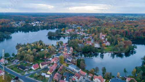 Panorama of the city of Łagów and Łagowskie Lake in Poland. View of the Castle of the Knights Hospitaller. photo