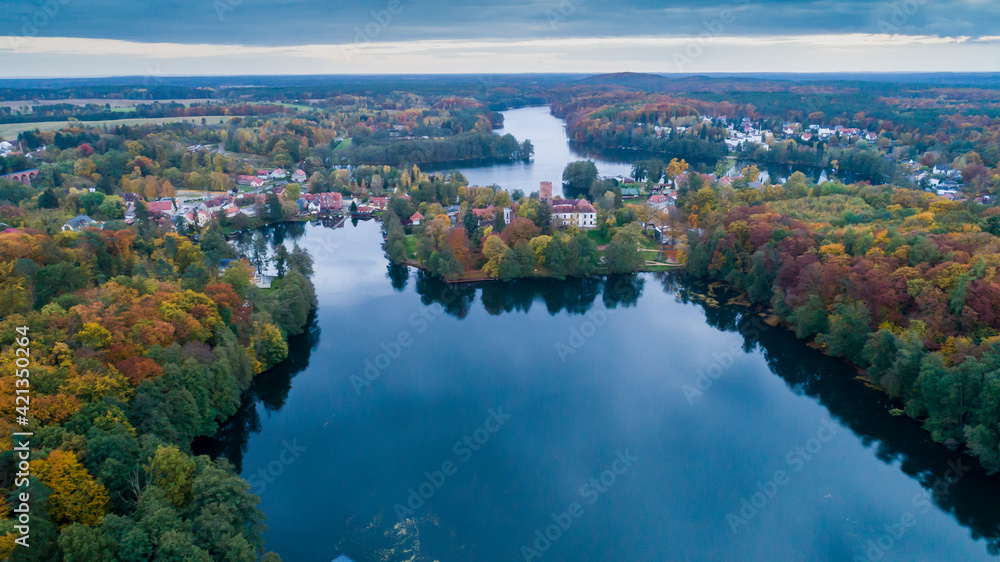 Fototapeta premium Panorama of the city of Łagów and Łagowskie Lake in Poland. View of the Castle of the Knights Hospitaller.