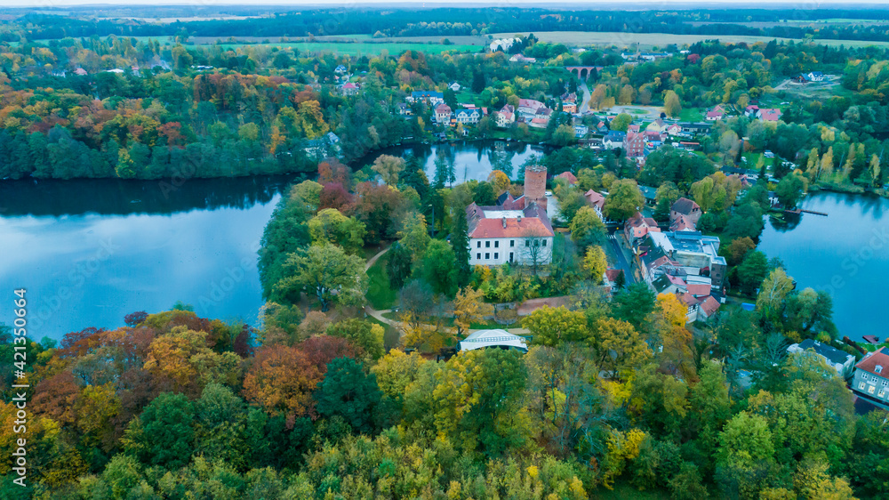 Panorama of the city of Łagów and Łagowskie Lake in Poland. View of the Castle of the Knights Hospitaller. Panorama of the city of Łagów and Łagowskie Lake in Poland. View of the Castle of the Knights Hospitaller.