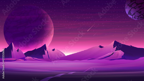 Mars purple space landscape with large planets on purple starry sky, meteors and mountains. Nature on another planet with a huge planet on the horizon photo