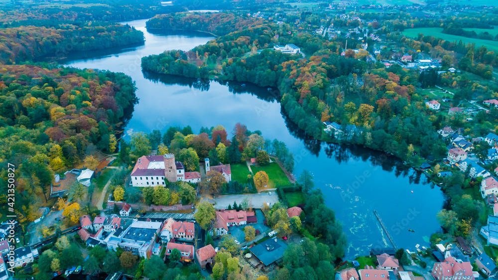 Panorama of the city of Łagów and Łagowskie Lake in Poland. View of the Castle of the Knights Hospitaller.