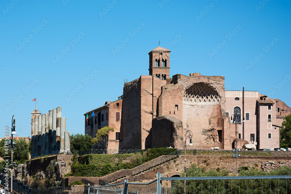 View of the Temple of Venus and Roma at the entrance of the Roman Forum in Rome.