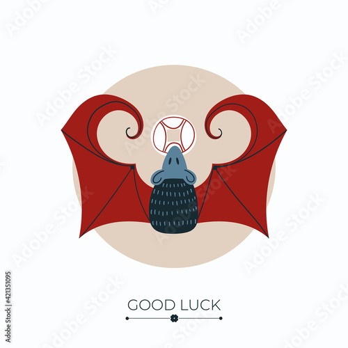 Red bat fortune and success charm, talisman or amulet with good luck words. Bat, symbol of luck, fortune, wealth and prosperity. Vector illustration isolated on white background
