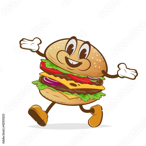 cartoon illustration of a walking burger with happy face