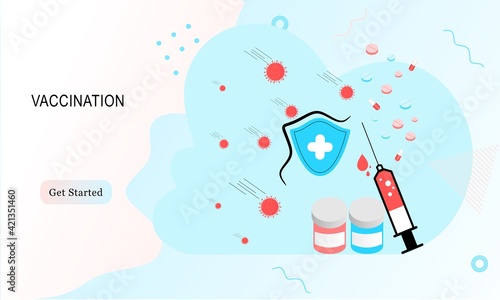 Landing page of vaccination website. Immunization campaign. Health care and protection. Isometric medical treatment. Flat vector illustration for wallpaper, banner, background, card, book illustration