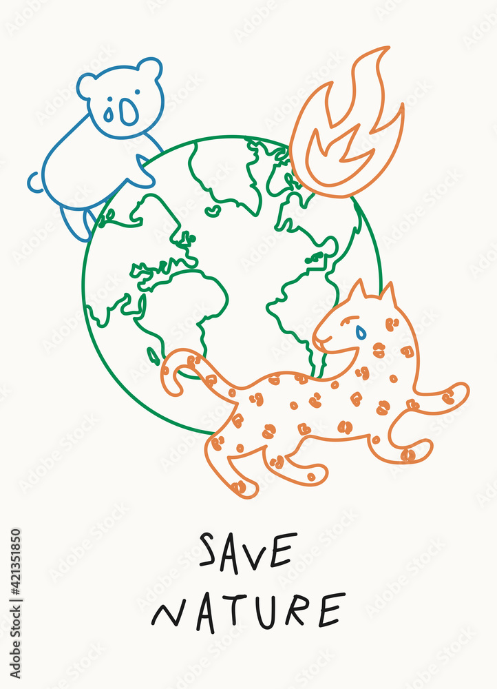 Motivational Eco poster for Earth Day with lettering Save Nature, hand drawn illustration in modern, trendy colors. Motivational Eco poster for Earth Day with lettering Save Nature, hand drawn illustration in modern, trendy colors.