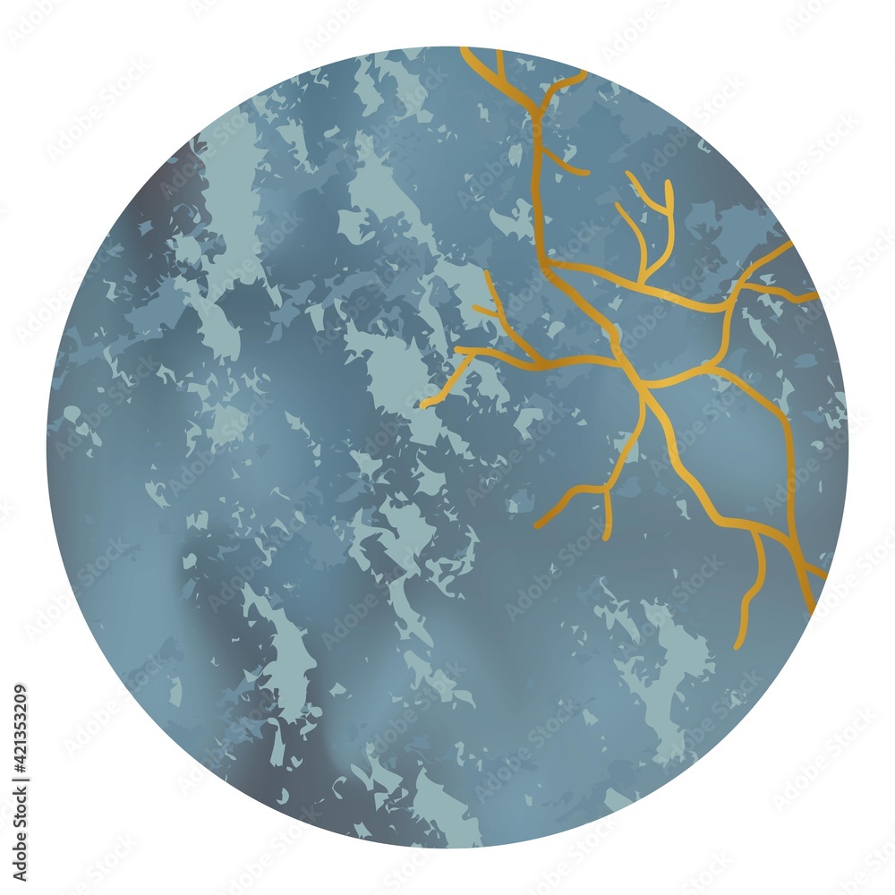 Round background of blue color with stone texture and dots with golden crack, kintsugi, stock vector illustration for design and decor, banner Round background of blue color with stone texture and dots with golden crack, kintsugi, stock vector illustration for design and decor, banner