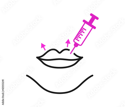 Lips, beauty salon concept, Lips and botox injection sign on white background. Lip cosmetology injection icon for mobile. Vector graphics.
