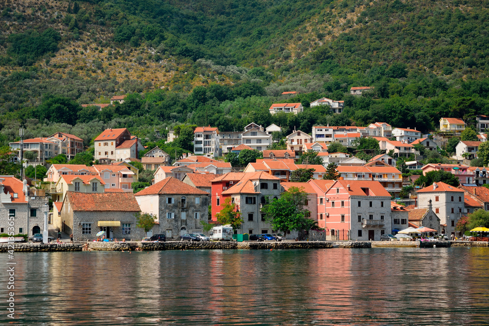 Typical city in Montenegro sea view. Summer vacation in Europe