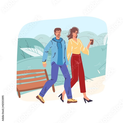 Vector cartoon flat characters couple on walk.Young man woman in love walking in city park outdoors-emotions,friendship,communication,relationships,web online banner social concept © VectorSpace