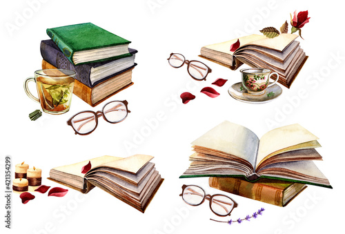Hand drawn watercolor set of books. Open book, stack of books, cup of tea, red petals, rose,glasses, candles. Сreative wallpaper or design work, postcards, stickers. Home comfort, study, stay at home