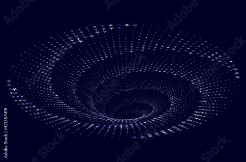 Tunnel or wormhole. Digital wireframe tunnel. 3D tunnel grid