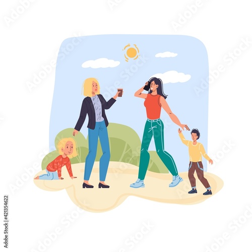 Cartoon flat happy family characters walking.Young women moms and kids walking outdoors in city park- emotions,relationships,healthy family web online banner social concept