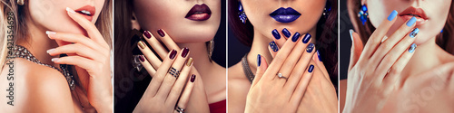 Nail art and design. Beauty fashion model with different make-up and manicure wearing jewelry. Set of looks