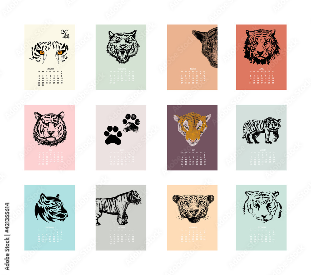 Collection calendar design template for 2022. Year of Tiger according to the Chinese or Eastern calendar. Set of 12 pages and cover with a freehand drawing tiger. Vector isolated on white background.