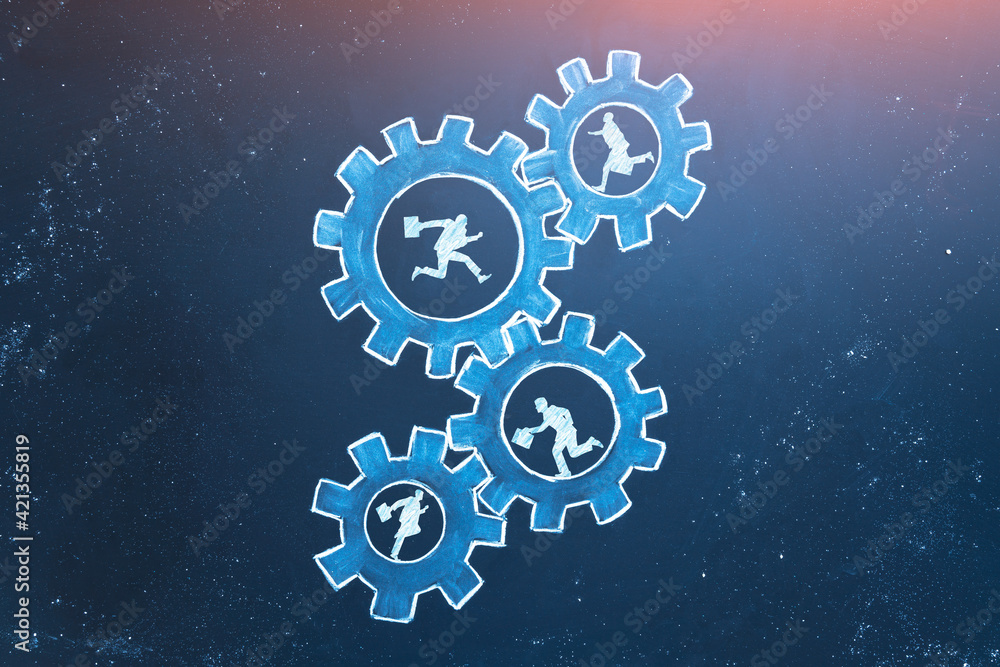 Teamwork business concept. Businessmens running in gears. Idea of partnership, cooperation, team work. Metaphor for joining a partnership as diverse gears connected together as a corporate symbol