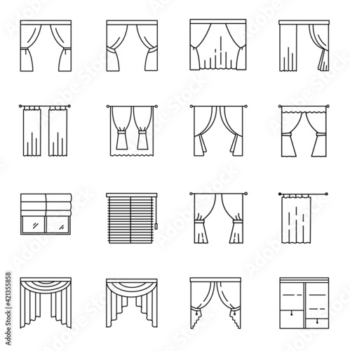 Curtain outline icon set, Interior material on white background.