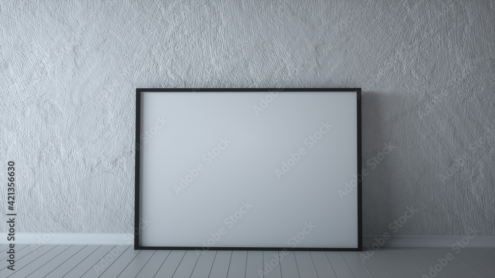 Horizontal blank billboard on a gray stone wall, white room 3d rendering Horizontal blank billboard on a gray stone wall, white room 3d rendering