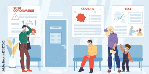 Vector cartoon flat patient characters waiting doctor appointment in corridor with coronavirus social ad posters-covid infection disease prevention,diagnostics,treatment,therapy medical concept