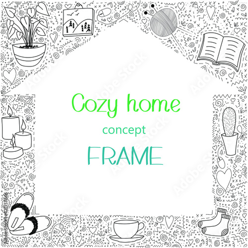 Hand drawn vector frame with cozy home elements, doodles and copy space. House-shaped decorative border with cozy home concept vector template. Isolated. Eps 10
