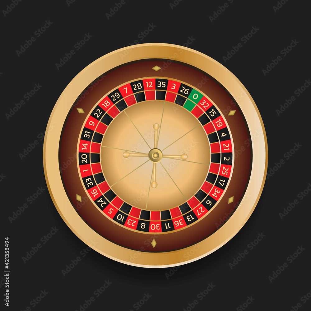 Obraz premium European roulette wheel online casino in gold color. Realistic style vector illustration isolated on dark background.