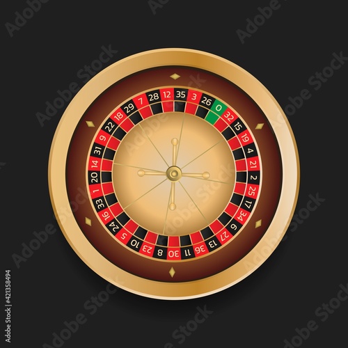 European roulette wheel online casino in gold color. Realistic style vector illustration isolated on dark background.