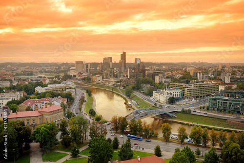 Beautiful panorama of Vilnius old town taken from the Gediminas hill. Nice sunny sunset in Lithuania's capital.