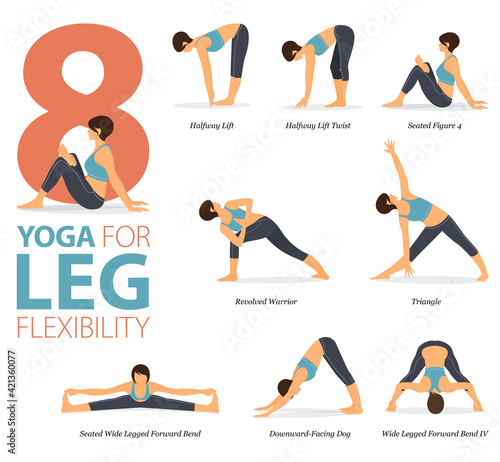 8 Yoga poses or asana posture for workout in Leg Flexibility concept. Women exercising for body stretching. Fitness infographic. Flat cartoon vector