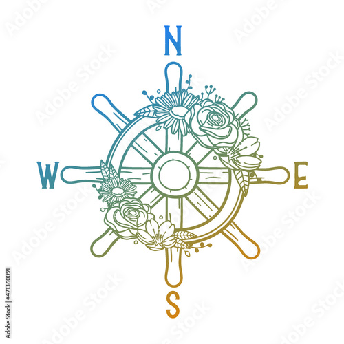 Rudder Rose Flower with Vintage Helm Ship Control Design. Floral frame ornament vector style. Decoration Design Wreat illustration.